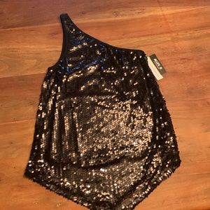 Allen B. Black sequin one shoulder top.